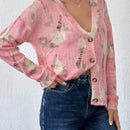 Tall cardigan casual con mangas largas, estampado floral y hombros caidos, rasgado, otono