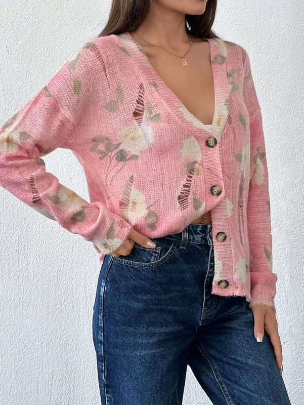 Tall cardigan casual con mangas largas, estampado floral y hombros caidos, rasgado, otono