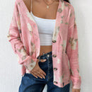 Tall cardigan casual con mangas largas, estampado floral y hombros caidos, rasgado, otono