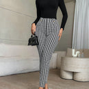 Pantalones casuales de traje negro de cintura alta para mujer con ajuste cenido y piernas anchas de 7-9cm