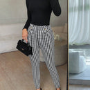 Pantalones casuales de traje negro de cintura alta para mujer con ajuste cenido y piernas anchas de 7-9cm