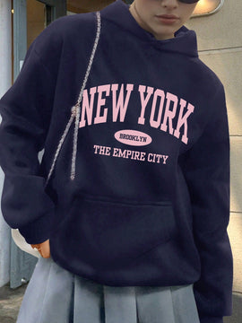 Essnce sudadera con capucha informal con cordon y estampa de letras, talla grande, para otono/invierno