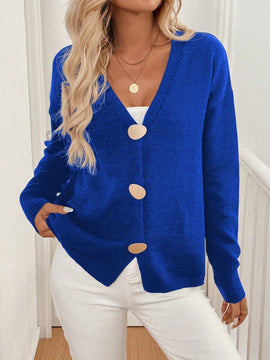 Lune cardigan casual de mujer de un solo botonadura, de manga larga y hombros caidos, en unicolor, para otono/invierno