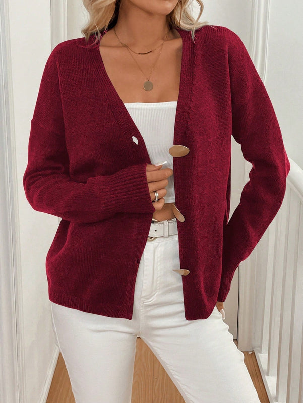 Lune cardigan casual de una sola botonadura de manga larga con caida en los hombros, de color liso, para otono/invierno, para mujer