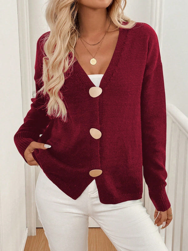 Lune cardigan casual de una sola botonadura de manga larga con caida en los hombros, de color liso, para otono/invierno, para mujer
