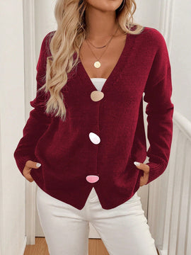 Lune cardigan casual de una sola botonadura de manga larga con caida en los hombros, de color liso, para otono/invierno, para mujer