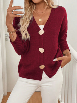 Lune cardigan casual de una sola botonadura de manga larga con caida en los hombros, de color liso, para otono/invierno, para mujer