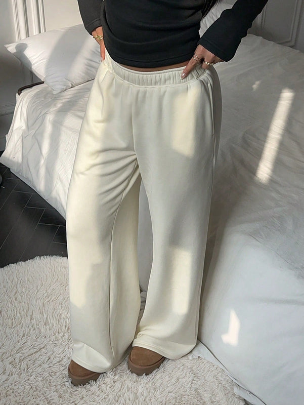 Ezwear pantalones anchos de tiro alto con bolsillo sesgado y cintura elastica para mujer en color beige