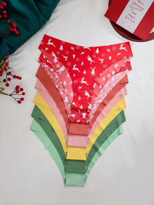 Set de 7 piezas/paquete de tangas de tiro bajo con estampado navideno para mujeres