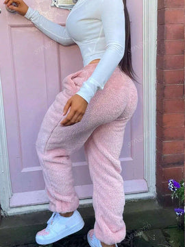 Pantalones de forro polar sencillos y calidos de unicolor con bolsillo para mujer