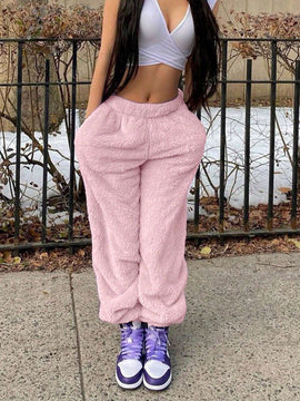 Pantalones de forro polar sencillos y calidos de unicolor con bolsillo para mujer