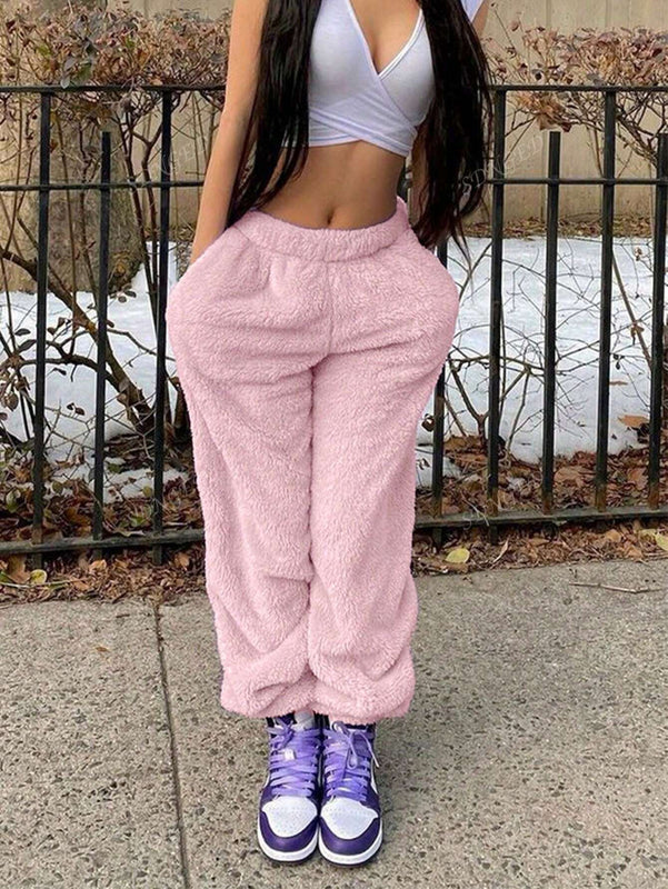 Pantalones de forro polar sencillos y calidos de unicolor con bolsillo para mujer