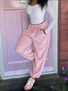 Pantalones de forro polar sencillos y calidos de unicolor con bolsillo para mujer