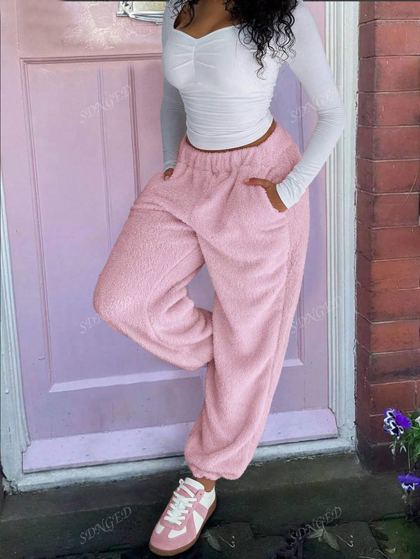 Pantalones de forro polar sencillos y calidos de unicolor con bolsillo para mujer