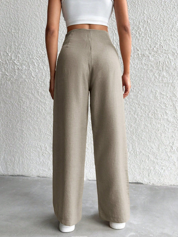 Pantalones de pierna ancha de lino beige para mujer petite