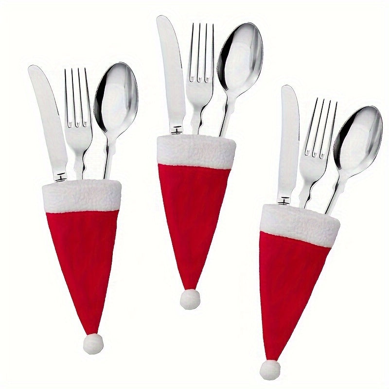 Juego de 10 fundas para cubiertos navideñas, porta cubiertos de tela roja y blanca con diseño de Santa Claus, decoración no comestible para cenas festivas, accesorios de cocina para decoración navideña