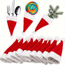 Juego de 10 fundas para cubiertos navideñas, porta cubiertos de tela roja y blanca con diseño de Santa Claus, decoración no comestible para cenas festivas, accesorios de cocina para decoración navideña
