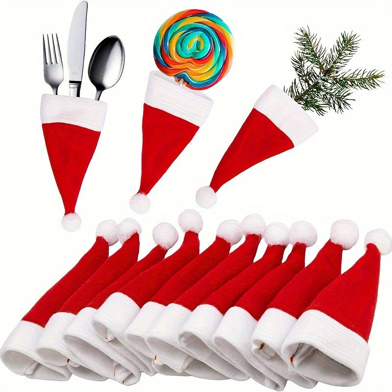 Juego de 10 fundas para cubiertos navideñas, porta cubiertos de tela roja y blanca con diseño de Santa Claus, decoración no comestible para cenas festivas, accesorios de cocina para decoración navideña