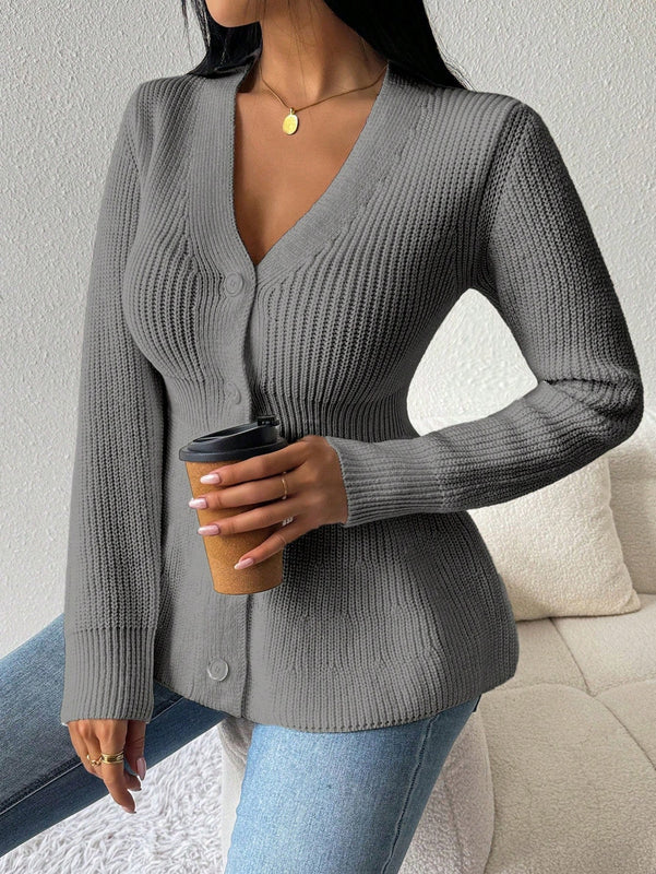 Lune cardigan elegante de mujer con cuello en v, cintura cenida y volantes en el bajo