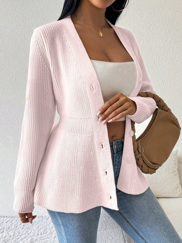 Lune cardigan elegante de mujer con cuello en v, cintura cenida y volantes en el bajo