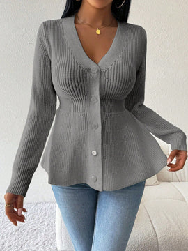 Lune cardigan elegante de mujer con cuello en v, cintura cenida y volantes en el bajo