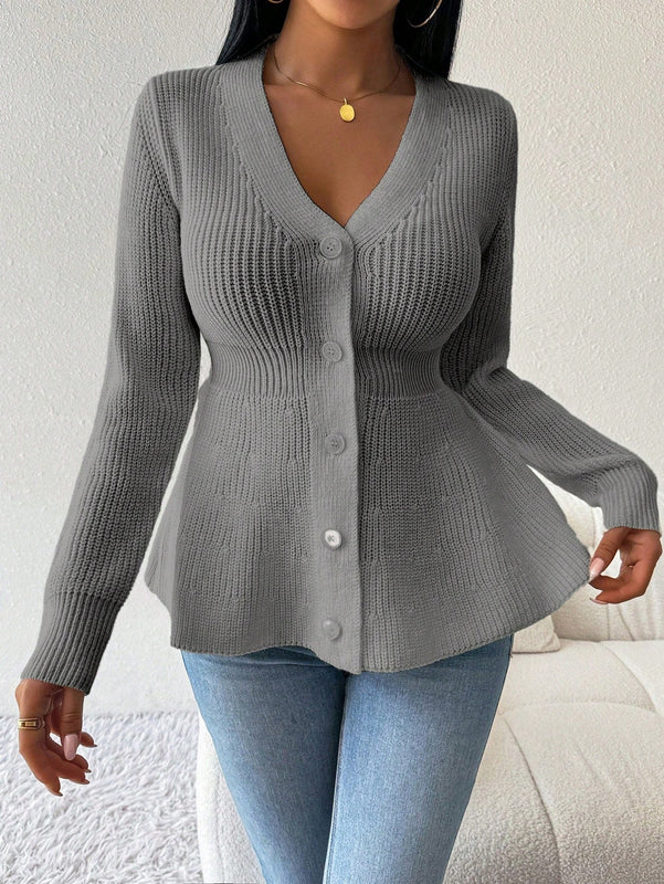 Lune cardigan elegante de mujer con cuello en v, cintura cenida y volantes en el bajo