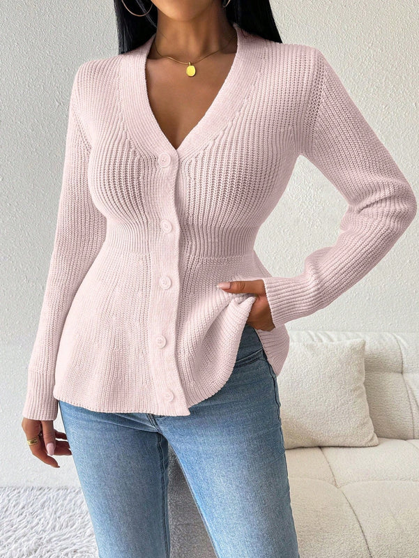 Lune cardigan elegante de mujer con cuello en v, cintura cenida y volantes en el bajo
