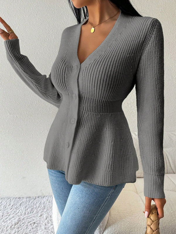 Lune cardigan elegante de mujer con cuello en v, cintura cenida y volantes en el bajo
