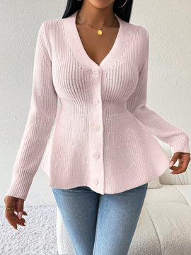 Lune cardigan elegante de mujer con cuello en v, cintura cenida y volantes en el bajo