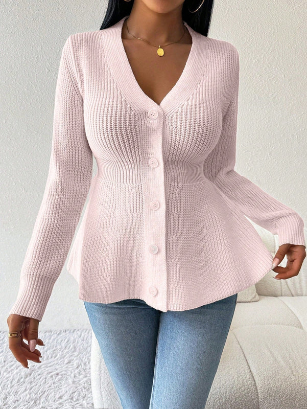 Lune cardigan elegante de mujer con cuello en v, cintura cenida y volantes en el bajo