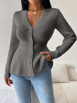 Lune cardigan elegante de mujer con cuello en v, cintura cenida y volantes en el bajo