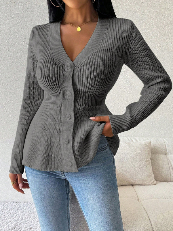 Lune cardigan elegante de mujer con cuello en v, cintura cenida y volantes en el bajo