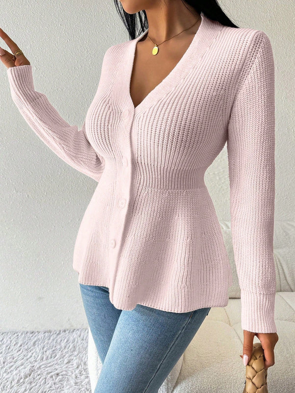 Lune cardigan elegante de mujer con cuello en v, cintura cenida y volantes en el bajo