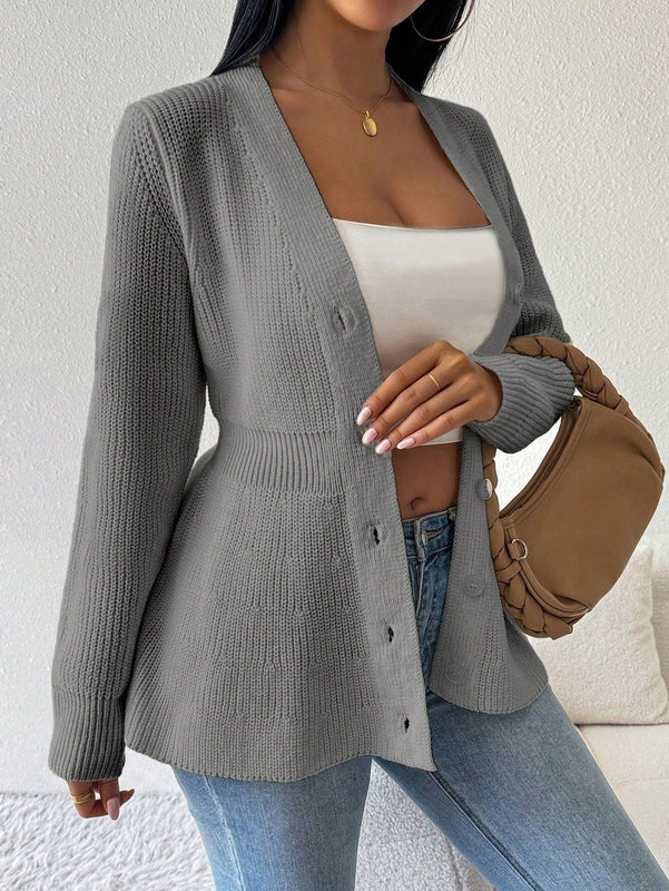 Lune cardigan elegante de mujer con cuello en v, cintura cenida y volantes en el bajo