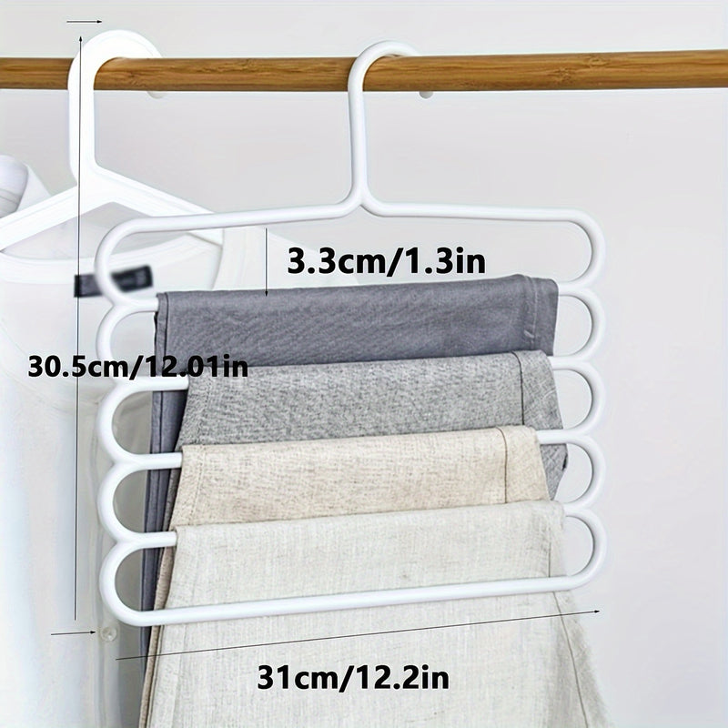 Colgador de pantalones de plástico de 5 niveles ahorrador de espacio, organizador versátil de armario para pantalones, faldas, bufandas con organización para el hogar