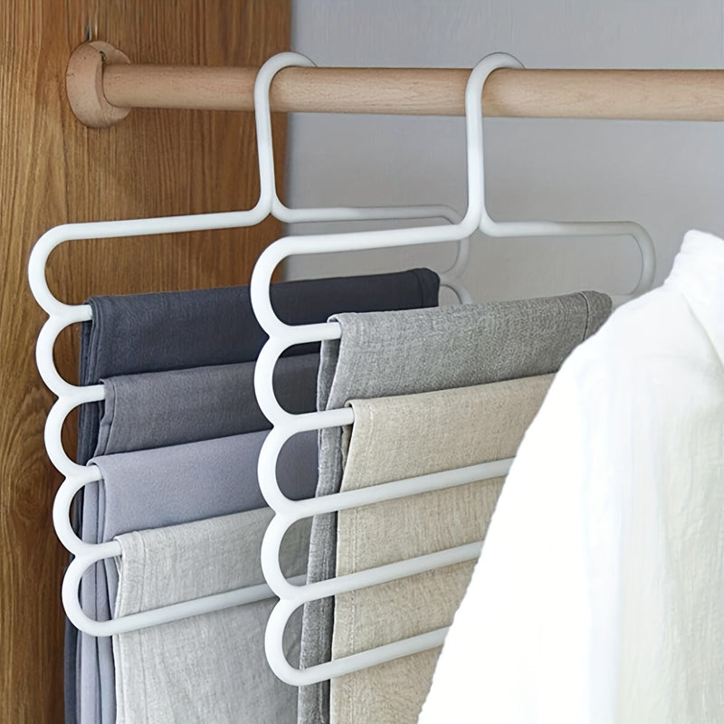 Colgador de pantalones de plástico de 5 niveles ahorrador de espacio, organizador versátil de armario para pantalones, faldas, bufandas con organización para el hogar