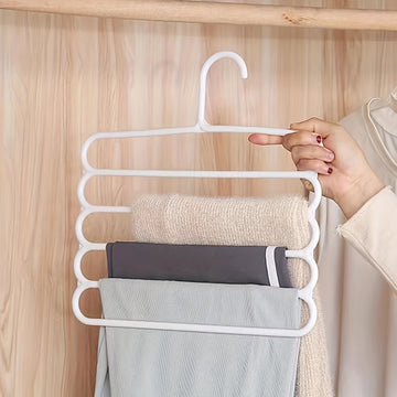 Colgador de pantalones de plástico de 5 niveles ahorrador de espacio, organizador versátil de armario para pantalones, faldas, bufandas con organización para el hogar