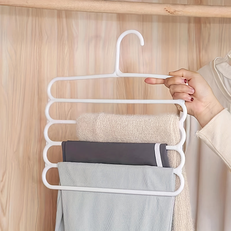 Colgador de pantalones de plástico de 5 niveles ahorrador de espacio, organizador versátil de armario para pantalones, faldas, bufandas con organización para el hogar