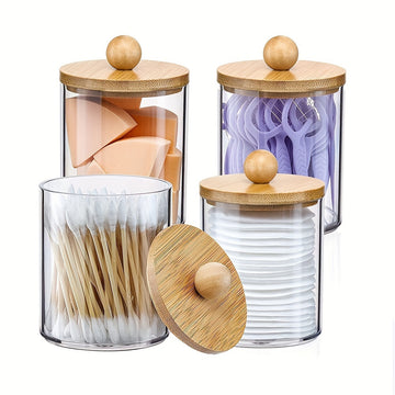 Un elegante accesorio de baño hecho de bambú transparente para guardar hisopos, con un asiento acolchado y libre de formaldehído.
