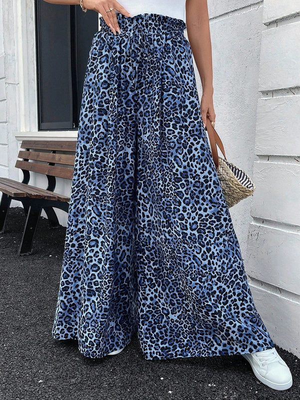 Lune pantalones de mujer de pierna ancha con cintura elastica y estampado de leopardo, atuendo casual para vacaciones o profesores