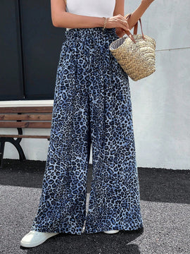 Lune pantalones de mujer de pierna ancha con cintura elastica y estampado de leopardo, atuendo casual para vacaciones o profesores