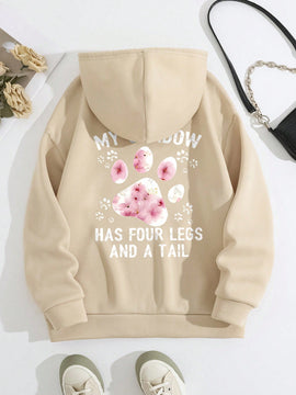 Lune sudadera con capucha informal para mujer con estampado de letra y pata de perro, para otono/invierno