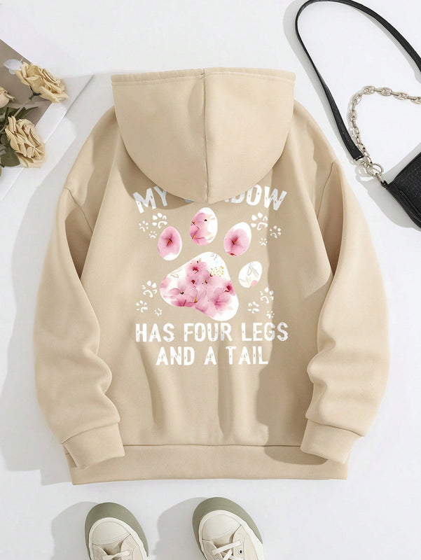 Lune sudadera con capucha informal para mujer con estampado de letra y pata de perro, para otono/invierno