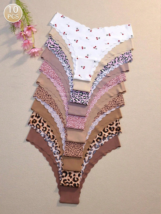 Paquete de 10 piezas bragas triangulares sexy de tela suave, transpirable y comoda con borde ondulado sin costuras para mujeres