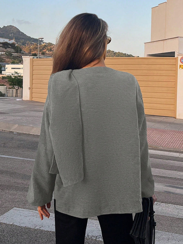 Essnce chaqueta de lana negra holgada y versatil para uso casual y de aeropuerto, diseno de bufanda de una pieza, chaqueta de cardigan corta de lana calida para el invierno, tendencia de moda otono 2024