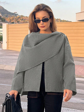 Essnce chaqueta de lana negra holgada y versatil para uso casual y de aeropuerto, diseno de bufanda de una pieza, chaqueta de cardigan corta de lana calida para el invierno, tendencia de moda otono 2024