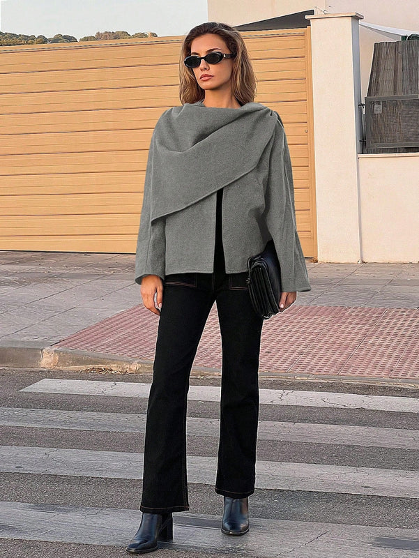 Essnce chaqueta de lana negra holgada y versatil para uso casual y de aeropuerto, diseno de bufanda de una pieza, chaqueta de cardigan corta de lana calida para el invierno, tendencia de moda otono 2024