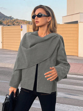 Essnce chaqueta de lana negra holgada y versatil para uso casual y de aeropuerto, diseno de bufanda de una pieza, chaqueta de cardigan corta de lana calida para el invierno, tendencia de moda otono 2024