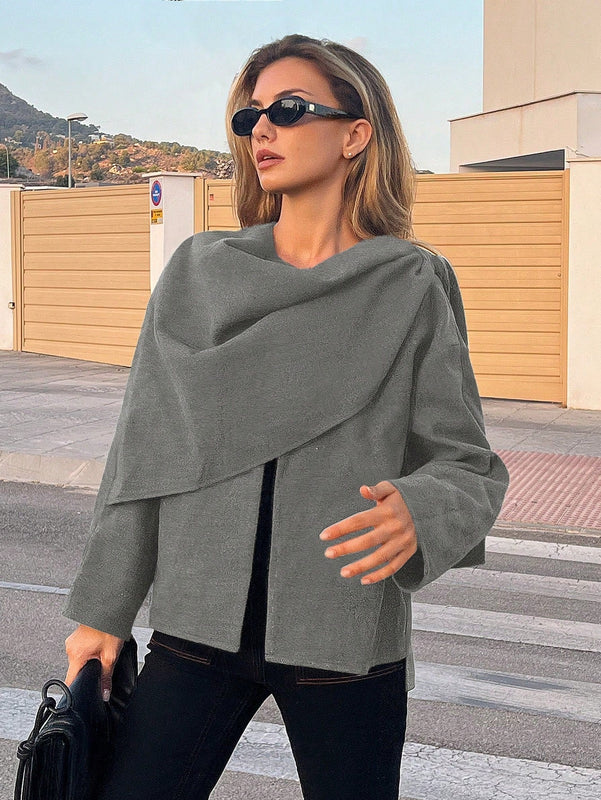 Essnce chaqueta de lana negra holgada y versatil para uso casual y de aeropuerto, diseno de bufanda de una pieza, chaqueta de cardigan corta de lana calida para el invierno, tendencia de moda otono 2024