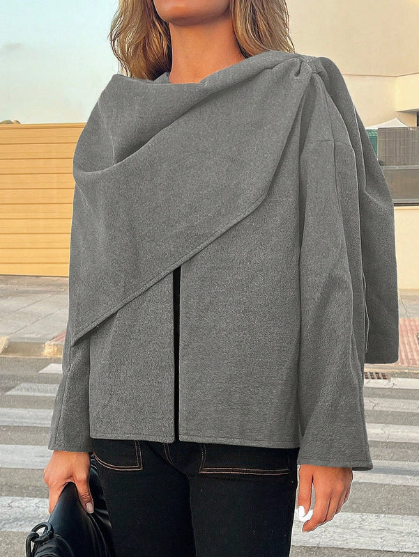 Essnce chaqueta de lana negra holgada y versatil para uso casual y de aeropuerto, diseno de bufanda de una pieza, chaqueta de cardigan corta de lana calida para el invierno, tendencia de moda otono 2024